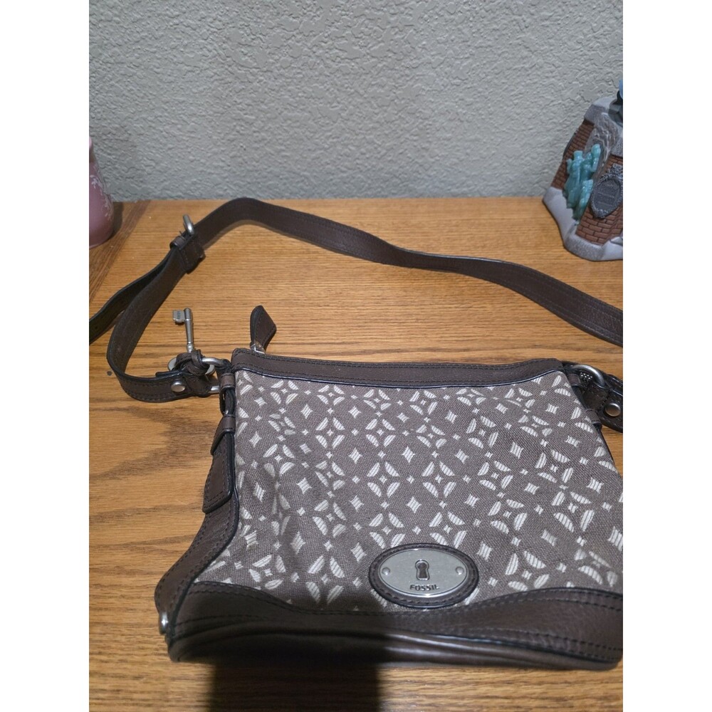 Fossil Maddox Brown Leather Black Canvas Geometric Shoulder Bucket Bag